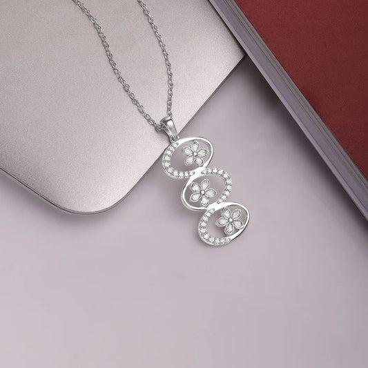 Elegant Triple Floral Crystal Pendant Necklace for Women | Premium Silver Finish