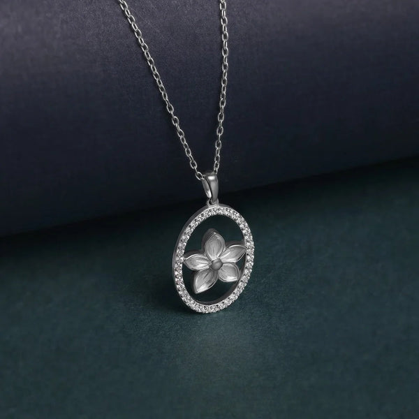 Elegant Floral Crystal Oval Pendant Necklace for Women | Premium Silver Finish