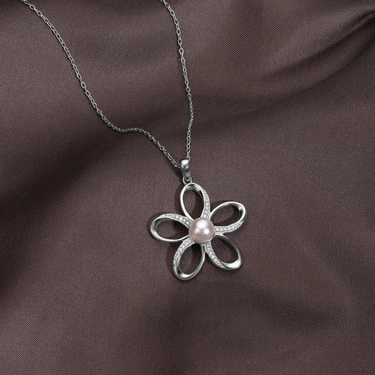 Elegant Flower Pearl Crystal Pendant Necklace for Women | Premium Silver Finish