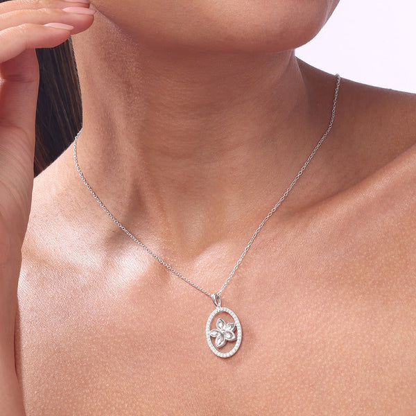 Elegant Floral Crystal Oval Pendant Necklace for Women | Premium Silver Finish