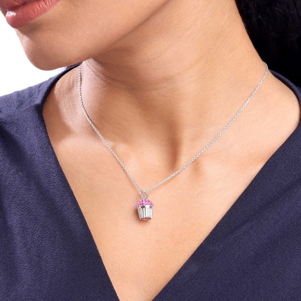 Cute Pink Cupcake Crystal Pendant Necklace for Women | Premium Silver Finish
